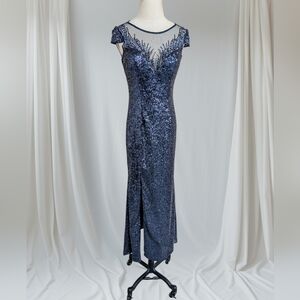 Sean Couture Blue Sequin Illusion Mesh Formal Gown
